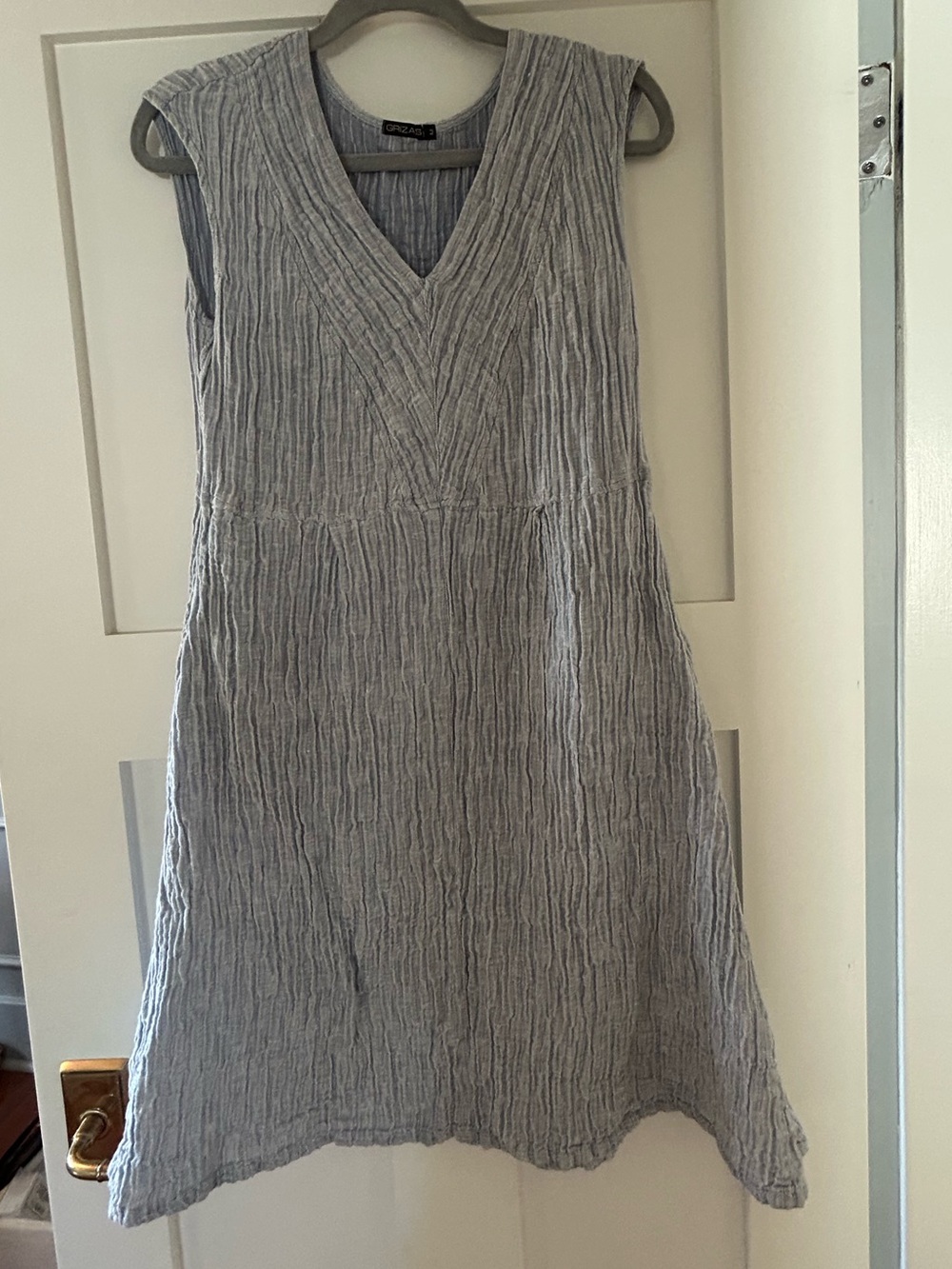 GRIZAS Silk Linen Crinkle Dress Medium Silver Blue Lagenlook